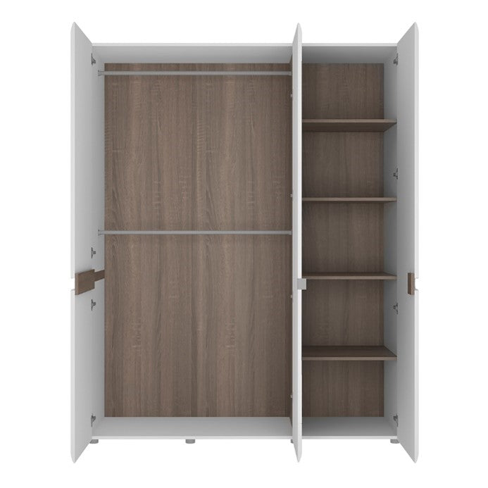 Chelsea 3 Door Wardrobe with mirror and Internal shelving in White with Oak Trim