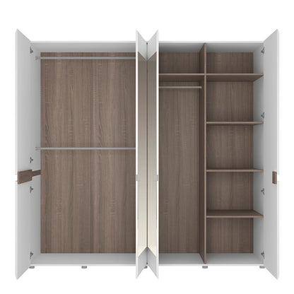 Chelsea 4 Door Wardrobe with mirrors and Internal shelving in White with Oak Trim