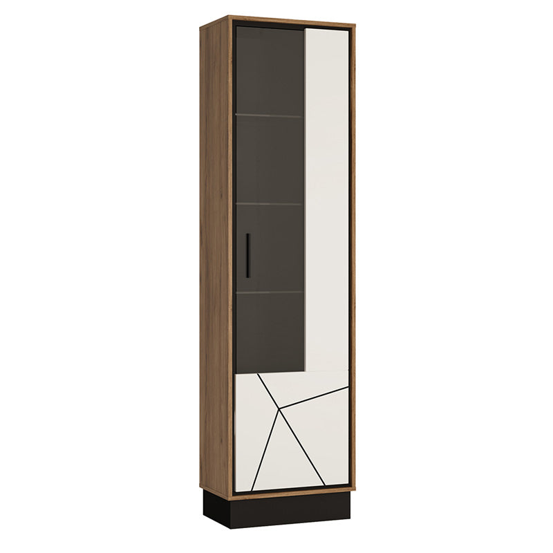 Furniture To Go, Brolo Tall glazed display cabinet (RH) White, Black, and dark wood.