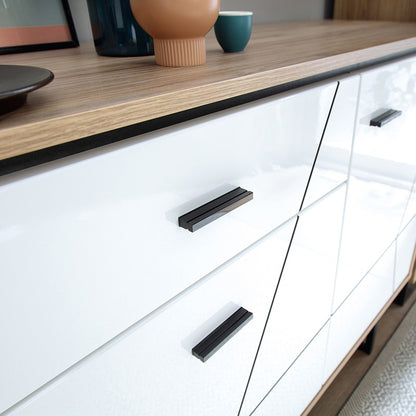 Furniture To Go, Brolo Tall glazed display cabinet (RH) White, Black, and dark wood.