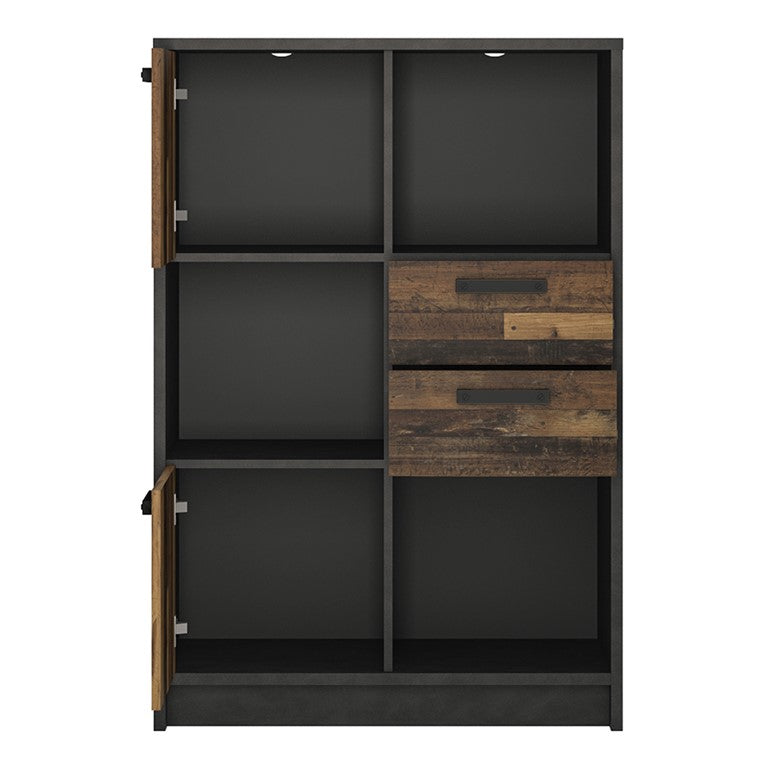 Brooklyn Low Bookcase with 2 Doors and 2 Drawers in Walnut and Dark Matera Grey