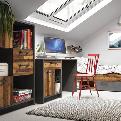 Brooklyn Low Bookcase with 2 Doors and 2 Drawers in Walnut and Dark Matera Grey