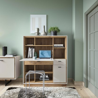 Rivero Bookcase with Fold out Desk in Grey and Oak