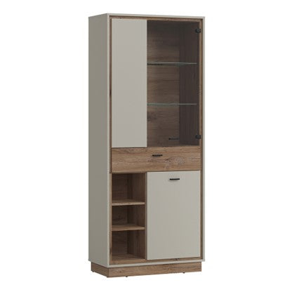 Rivero 3 Door 1 Drawer Open Shelves Wide Display Cabinet in Grey and Oak