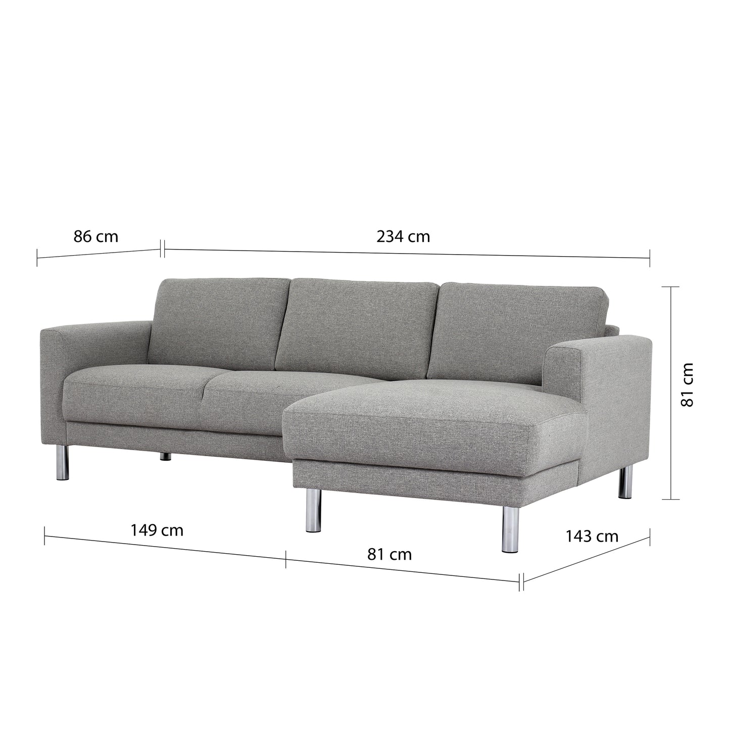 Cleveland Chaiselongue Sofa (RH) in Nova Light Grey Chrome Feet