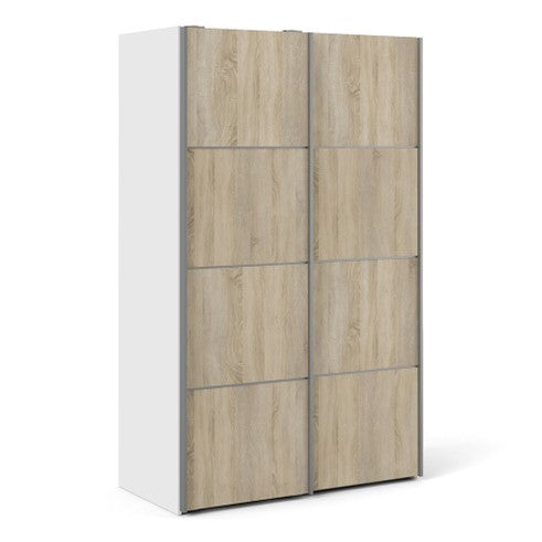 Verona Sliding Wardrobe 120cm in White with Oak Doors with 5 Shelves