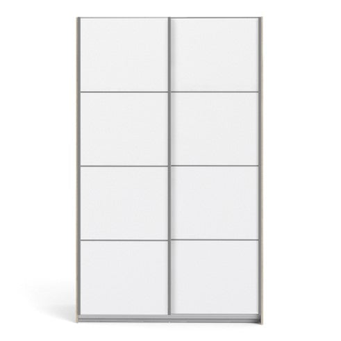 Verona Sliding Wardrobe 120cm in Oak with White Doors with 5 Shelves