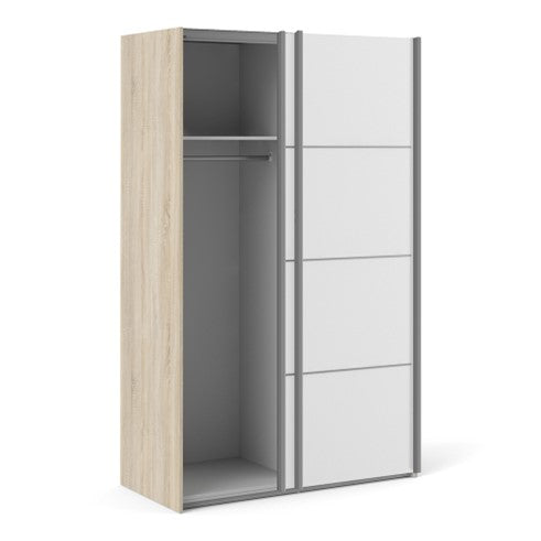 Verona Sliding Wardrobe 120cm in Oak with White Doors with 5 Shelves