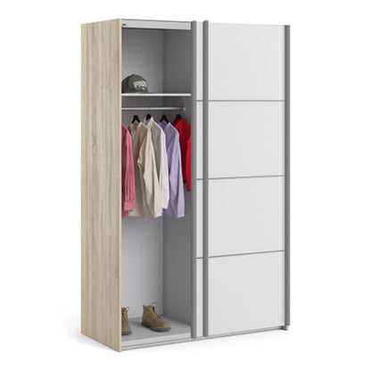 Verona Sliding Wardrobe 120cm in Oak with White Doors with 5 Shelves