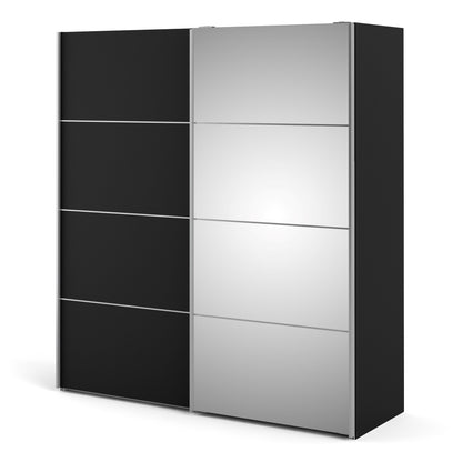 Verona Sliding Wardrobe 180cm in Black Matt with Black Matt and Mirror Doors with 5 Shelves