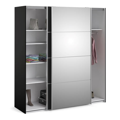 Verona Sliding Wardrobe 180cm in Black Matt with Black Matt and Mirror Doors with 5 Shelves