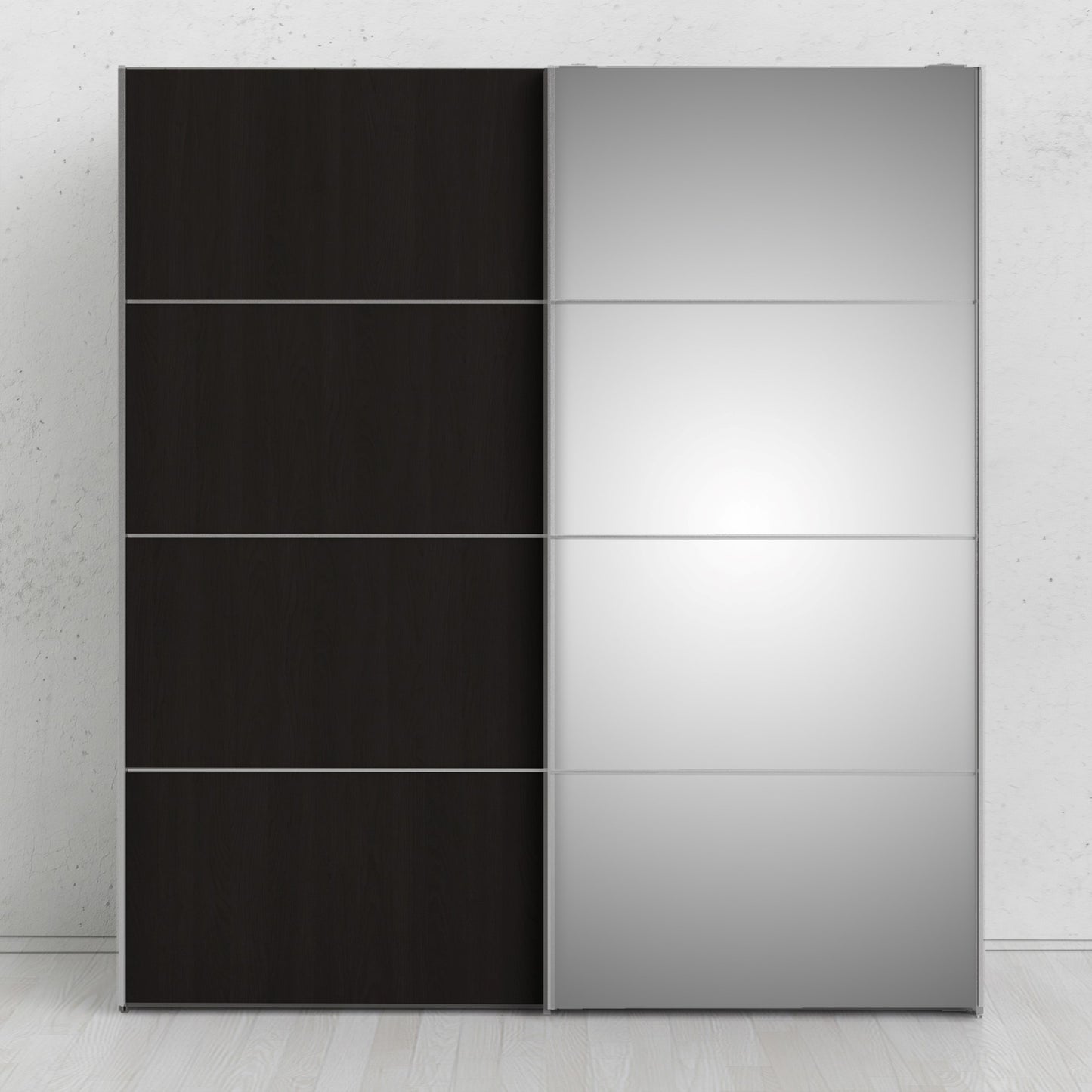 Verona Sliding Wardrobe 180cm in Black Matt with Black Matt and Mirror Doors with 5 Shelves