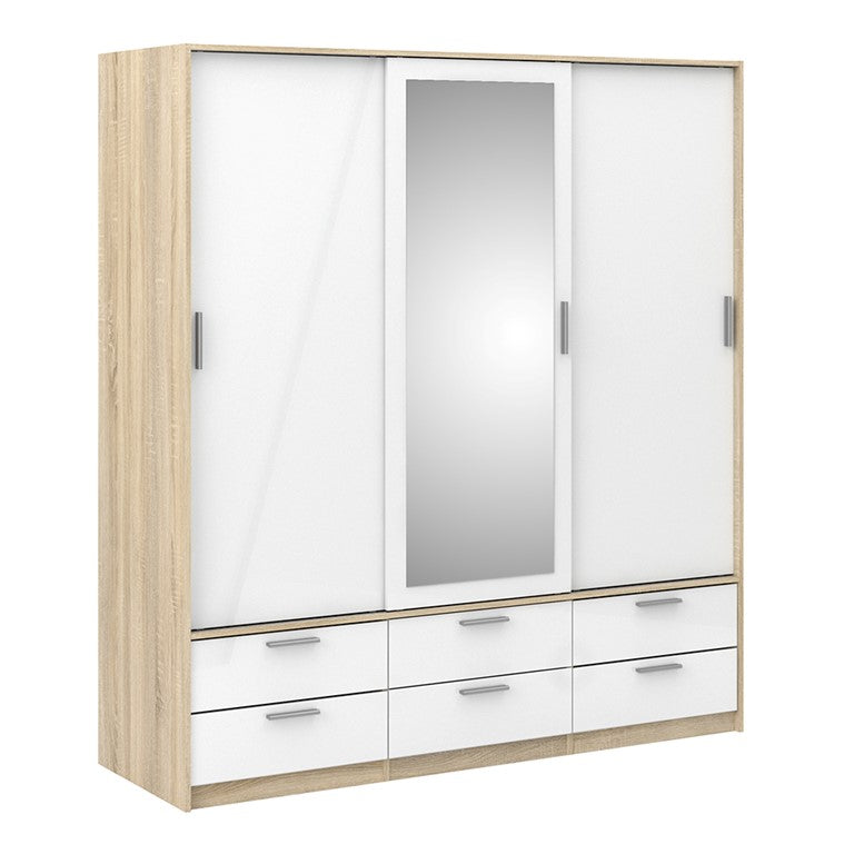 Wardrobe - 3 Doors 6 Drawers in Oak with White High Gloss