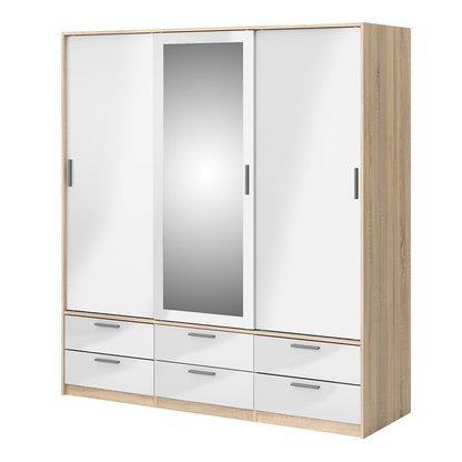 Wardrobe - 3 Doors 6 Drawers in Oak with White High Gloss