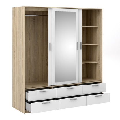 Wardrobe - 3 Doors 6 Drawers in Oak with White High Gloss