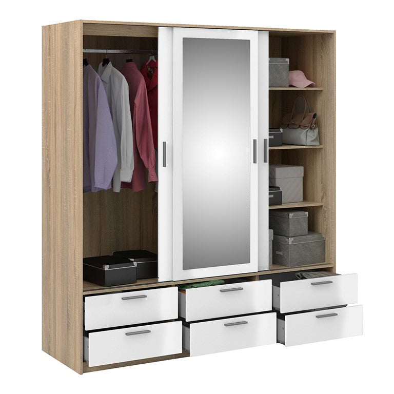 Wardrobe - 3 Doors 6 Drawers in Oak with White High Gloss