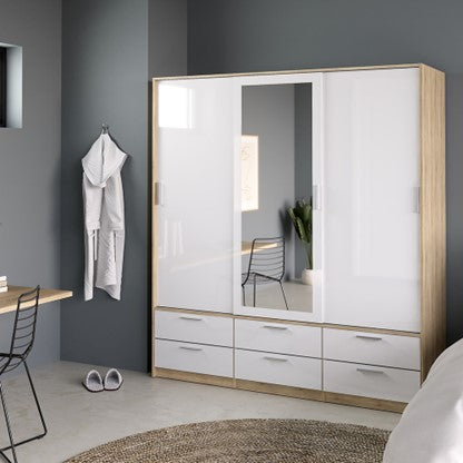 Wardrobe - 3 Doors 6 Drawers in Oak with White High Gloss