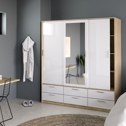 Wardrobe - 3 Doors 6 Drawers in Oak with White High Gloss