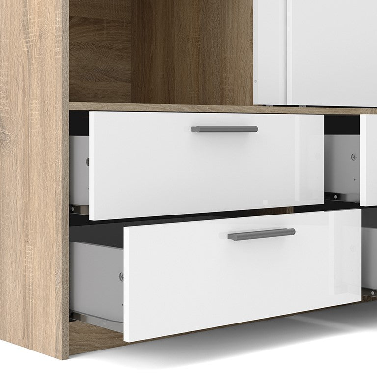 Wardrobe - 2 Doors 4 Drawers in Oak with White High Gloss