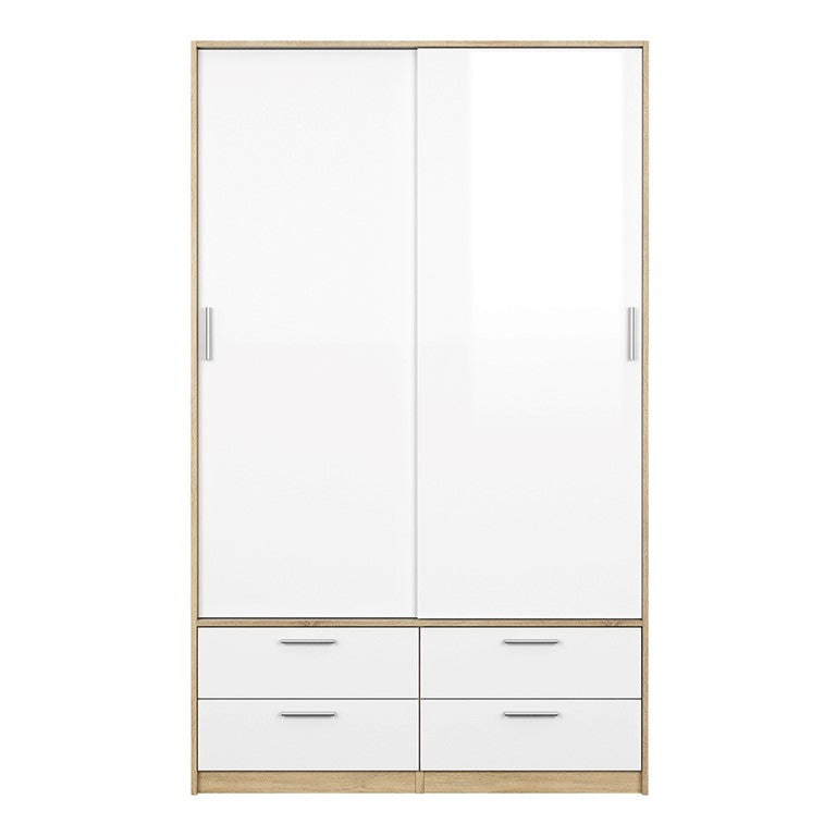 Wardrobe - 2 Doors 4 Drawers in Oak with White High Gloss