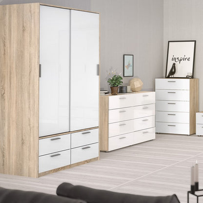 Wardrobe - 2 Doors 4 Drawers in Oak with White High Gloss