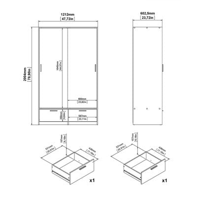 Line Wardrobe with 2 Doors + 2 Drawers in White and Jackson Hickory Oak