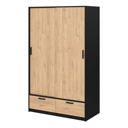 Line Wardrobe with 2 Doors + 2 Drawers in Black and Jackson Hickory Oak