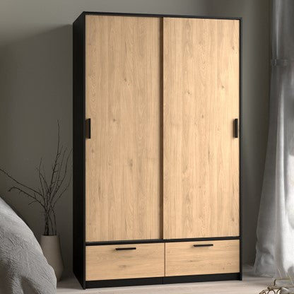 Line Wardrobe with 2 Doors + 2 Drawers in Black and Jackson Hickory Oak