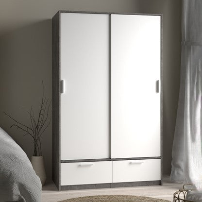 Line Wardrobe with 2 Doors + 2 Drawers in White and Concrete