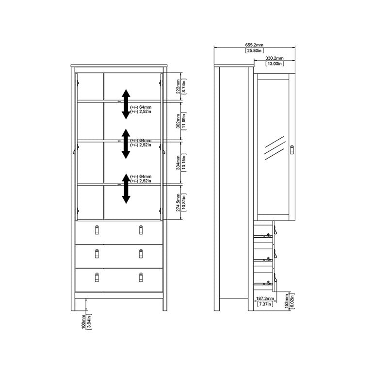 Barcelona China cabinet 2 doors w/glass + 3 drawers in White