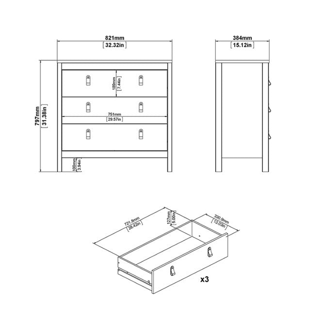 Madrid Chest 3 drawers in Matt Black